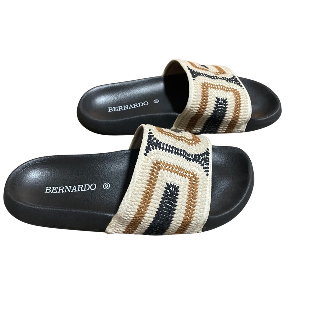 Bernardo Womens NB42L Embroidered Geometric Slide Sandals Black Cream Tan Size 9